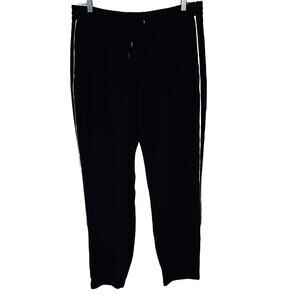 RENE LEZARD HI-RISE GYM TRACK JOG PANTS, WOMENS, M, BLACK-LT. PINK & SILVER TRIM